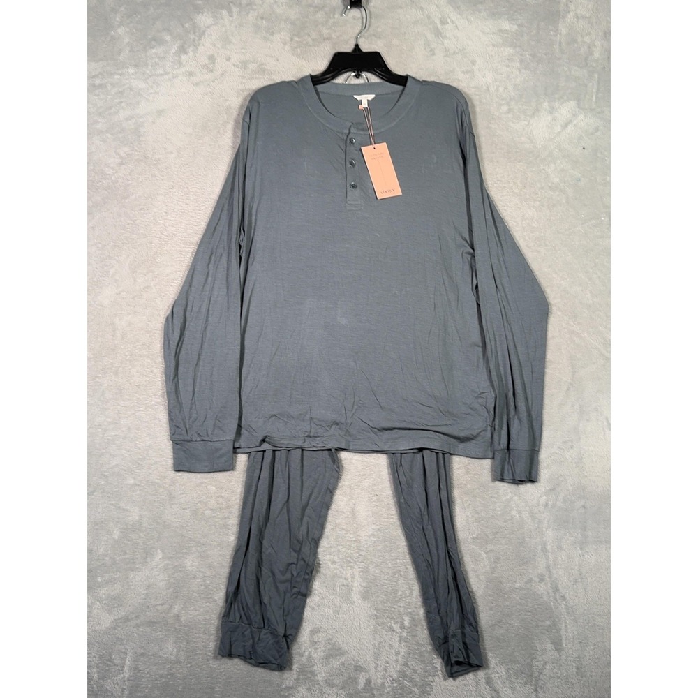 Eberjey Pajama Set Mens L Stone Blue Henry Long 2 Piece Modal Jersey Henley